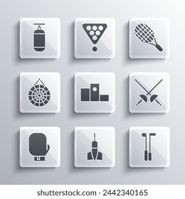 Set Dart arrow, Golf club, Fencing, Award over sports winner podium, Boxing glove, Classic dart board, Punching bag and Tennis racket icon. Vector