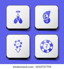 Set Dart arrow, Hand holding casino chips, Casino and  icon. White square button. Vector