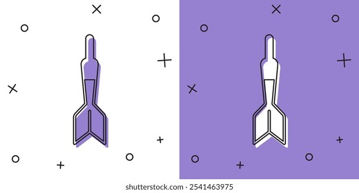 Conjunto icono de flecha de dardo aislado sobre fondo blanco y púrpura.  Vector