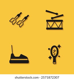 Set Dart arrow, Magic hand mirror, Bumper car and Drum with drum sticks icon with long shadow. Vector