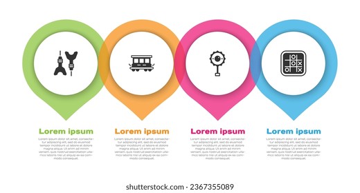 Set Dart arrow, Passenger train cars toy, Rattle baby and Tic tac toe game. Business infographic template. Vector