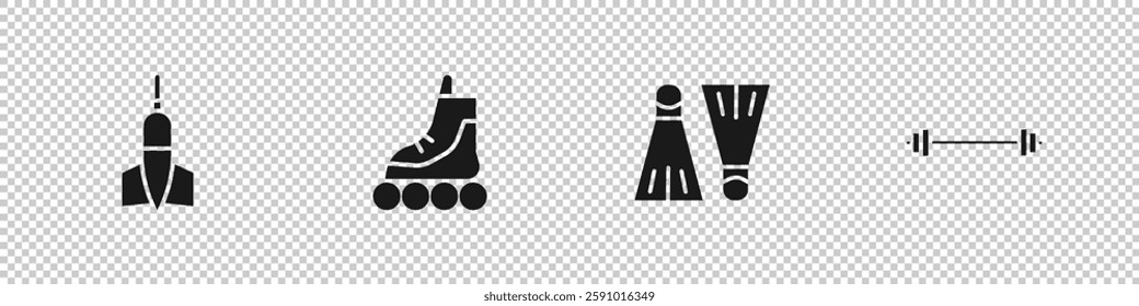 Set Dart arrow, Roller skate, Rubber flippers for swimming and Barbell icon. Vector