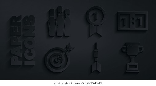 Set Dart arrow, Sport mechanical scoreboard, Target with, Award cup, Medal and Bowling pin icon. Vector