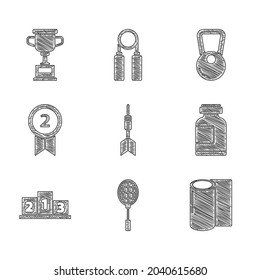 Set Dart arrow, Tennis racket, Fitness mat roll, Sports nutrition, Award over sports winner podium, Medal, Kettlebell and cup icon. Vector