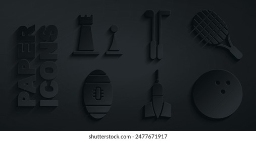 Set Flecha de dardo, raqueta de tenis, fútbol americano, boliche, club de golf e icono de ajedrez. Vector