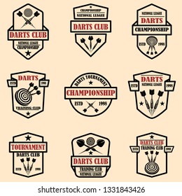 Set of darts club label templates. Design element for logo, label, sign, poster, t shirt. Vector illustration