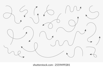 Set of dash arrows. Squiggle line arrows moving up and down. Left and right direction. Infographic elements. Vector illustration