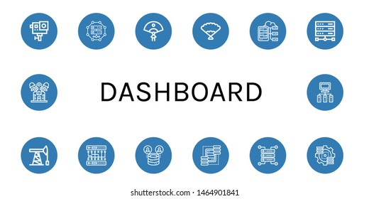 Set of dashboard icons such as Action camera, Server, Fan, Oil pump, Servers, Engine , dashboard