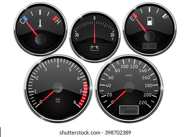 Set Of Dashboard Measuring Devices - Fuel Gauge, Tachometer, Speedometer, Odometer. Vector Illustration Isolated On White Background