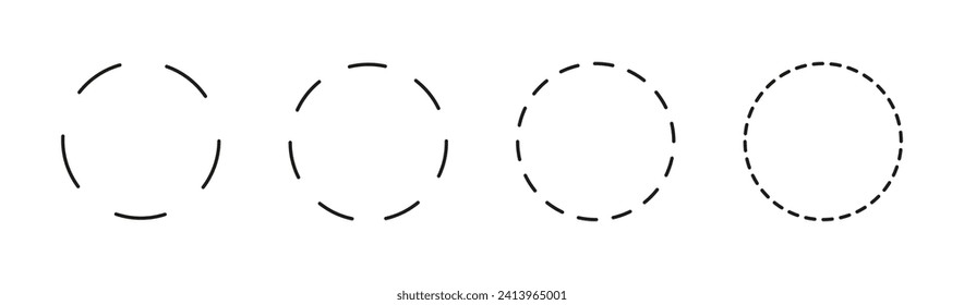 Set of dashed circle flat icons. Broken rings. Dotted ring symbol. Simple dashed round lines. Abstract graphic element. Round cut line. Vector template. Graphic illustration.