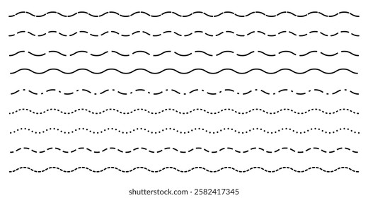 Set of dashed, dotted lines. Simple long border, divider vector lines