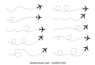 Set of dashed line air plane route, flat design 