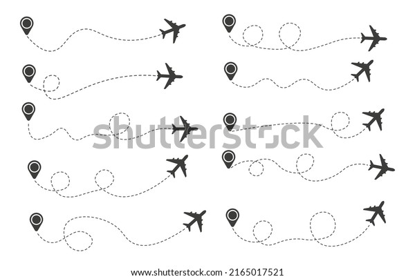 Set of dashed line air plane route with location icon,\
flat design 