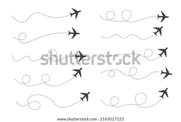 Set of\
dashed line air plane route, flat design\
