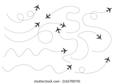 Set of dashed line airplane route 