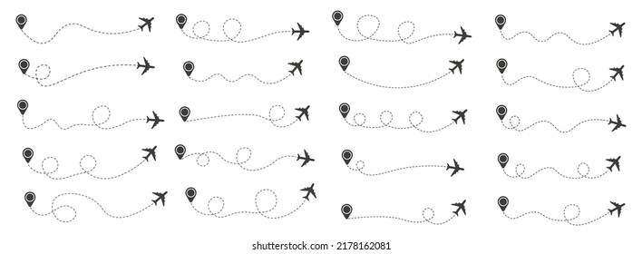 Set of dashed line airplane route with location icon