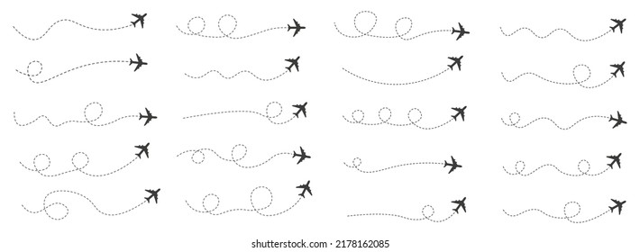 Set of dashed line airplane route