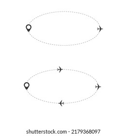 Set of dashed line airplane route with location icon flat design