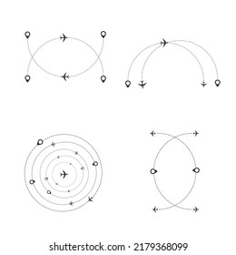 Conjunto de rutas de avión de línea discontinua con diseño plano de icono de ubicación
