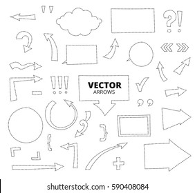 Set of dashed line arrows. Hand drawn pen design elements isolated on white, vector illustration. 