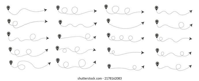 Set of dashed line arrows with location icon