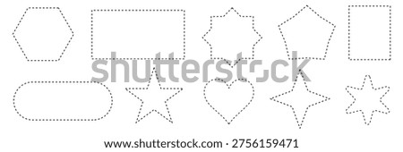 Set of dashed line basic geometric vector shapes. dotted outline of circle, rectangle, square, triangle, heart and star. Icon of cut frame. geometric shape vector art . Vector Illustration . EPS 10 .