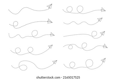 Set of dashed line paper air plane route, flat design 