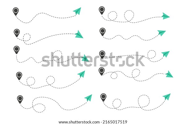 Set of dashed line paper air plane route with\
location icon , flat design\
