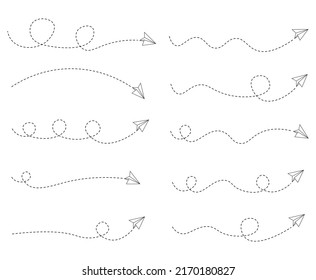 Set of dashed line paper airplane route 