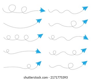 Set of dashed line paper airplane route