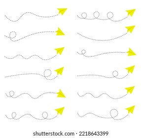 Set of dashed line paper airplane route