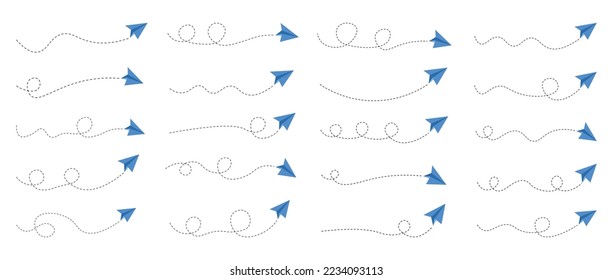 Set of dashed line paper airplane route 