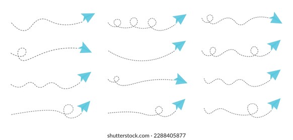 Set of dashed line paper airplane route