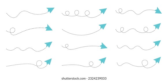 Set of dashed line paper airplane route