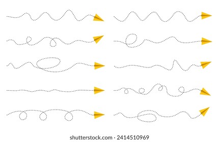 Conjunto de líneas discontinuas de la ruta del avión de papel. iconos de viaje y vuelo aéreo. Avión de papel o aeronave en ruta en línea, aviones de viaje de aviación y vuelo en pista que vuelan en el cielo. Ilustración del vector