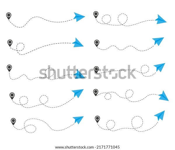 Set of dashed line paper airplane route with\
location icon