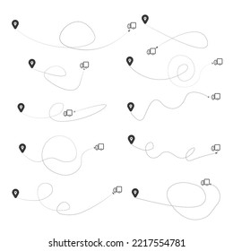 Set of dashed line plane, car, truck and bicycle route with location icon flat design