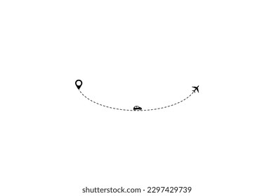 Set of dashed line plane car and bicycle route with location icon flat design