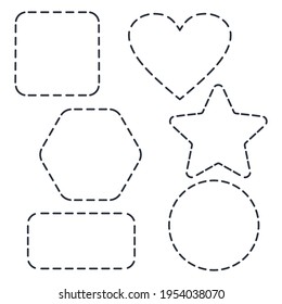 A set of dashed line shapes with rounded edges. Square, heart, star, hexagon, circle. Vector badges isolated on white background.