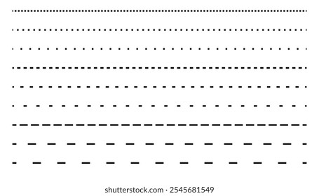 Conjunto de coleção de linhas tracejadas. diferentes tipos de linhas tracejadas. conjunto de linhas tracejadas pretas conjunto conjunto isolado no fundo branco. coleção de linhas para páginas de bloco de notas. costura kit de corte