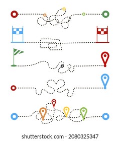 Set dashed paths routes isolated on white background. Transport tracking, travel, map pins, location pins. Business graph, psychotherapy, on the way to the goal. Vector illustration.
