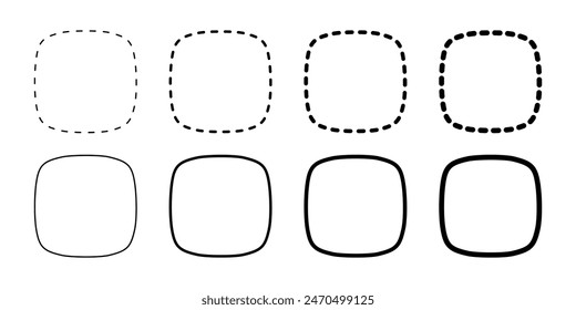 Set of dashed squircles or squares with rounded borders. Simple geometric shapes and frames isolated on white background. Text boxes or labels with empty space. Vector graphic illustration.