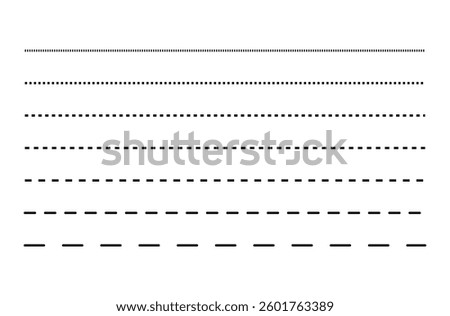 Set of dashed straight lines of different styles. Vector design elements. Set Element simple divider. black dashed line set collection isolated on white background. Eps file 16.