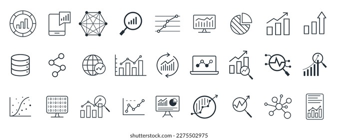 Set of Data Analysis, big data, Graphs, statistics, analytics, growth, chart, and research vector line icon.