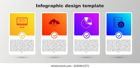Set Data analysis, Cloud download and upload, Pie chart infographic and Server security with padlock. Business infographic template. Vector