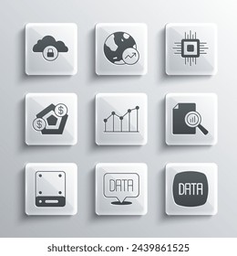 Set Data analysis, Document with graph chart, Pie infographic, Server, Financial growth, Cloud computing lock and Processor CPU icon. Vector
