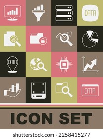 Set Data analysis, Financial growth, Pie chart infographic, Server, Folder and lock, Document with,  and Search data icon. Vector
