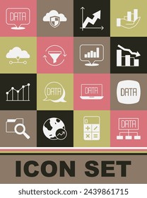 Set Data analysis, Financial growth decrease, Sales funnel with chart, Network cloud connection,  and Pie infographic icon. Vector