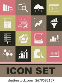 Análisis de datos, crecimiento financiero, embudo de ventas con gráfico, conexión a la nube de red, calculadora, disminución e icono. Vector