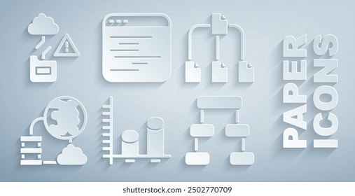 Set Data analysis, Folder tree, Network cloud connection, Hierarchy organogram chart, Software and Cloud technology data transfer icon. Vector